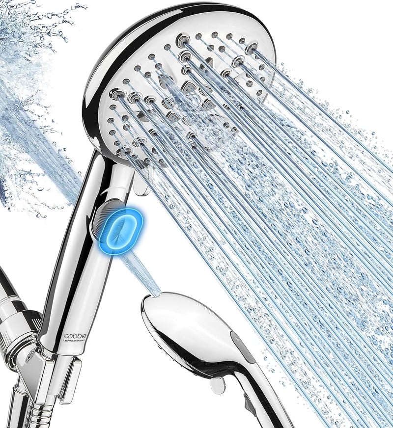 Cobbe High Pressure Shower Head with Built-in Pause Button, 9-Function Detachable Showerhead with Handheld Brass Swivel Bracket & Stainless Steel Hose, Water Saving 1-Click Stop, Chrome - Image 1